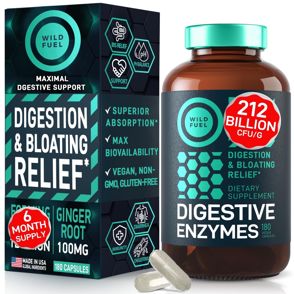 Complete Digestive Enzymes for Women & Men - 800mg Vegan Digestive Enzymes and Probiotics Prebiotics - Bloating Support, Gut Health & Digestion Supplement with Artichoke, Ginger, Papaya - 180 Capsules
