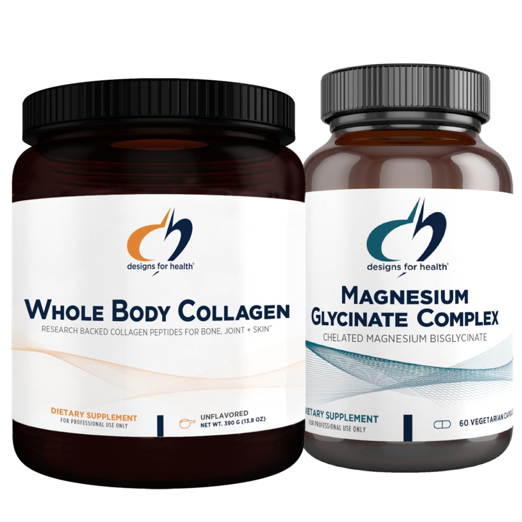 Designs for Health Magnesium Glycinate Complex (60 Capsules) & Whole Body Collagen (30 Servings) Bundle - High Absorption Magnesium with Premium Collagen Powder to Support Bones, Skin & Joints