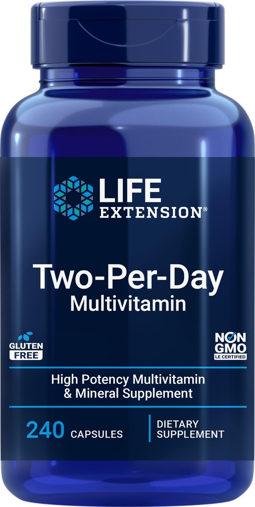 Life Extension Two-Per-Day Multivitamin, Vitamins B, C, D, zinc, Packed with Over 25 Vitamins, Minerals & extracts, Two-Month Supply, Non-GMO, Gluten-Free, 240 Capsules
