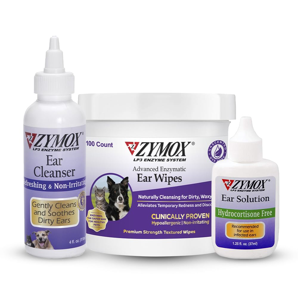 Zymox Enzymatic Ear Wipes, Ear Cleanser, & Ear Solution Without Hydrocortisone for Dogs and Cats - Product Bundle - for Dirty, Waxy, Smelly Ears and to Soothe Ear Infections