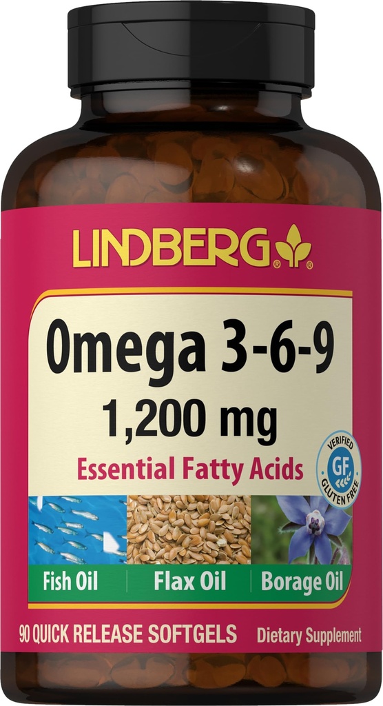 Lindberg Omega 3 6 9 Supplement | 1200mg | 90 Quick Release Softgels | with Fish, Flax, and Borage Oil | Essential Fatty Acids | Non-GMO, Gluten Free