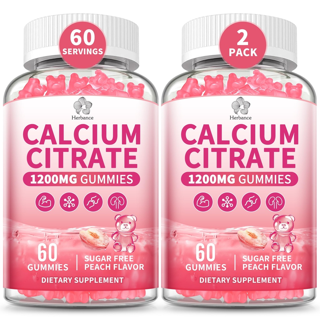 Pure Calcium Citrate 1200 mg Gummies for Adults, High Absorption Calcium Supplements for Women & Men, Sugar Free, Non-GMO, Gluten Free, Supports Bone,Teeth,Muscle & Immune - Peach Flavor