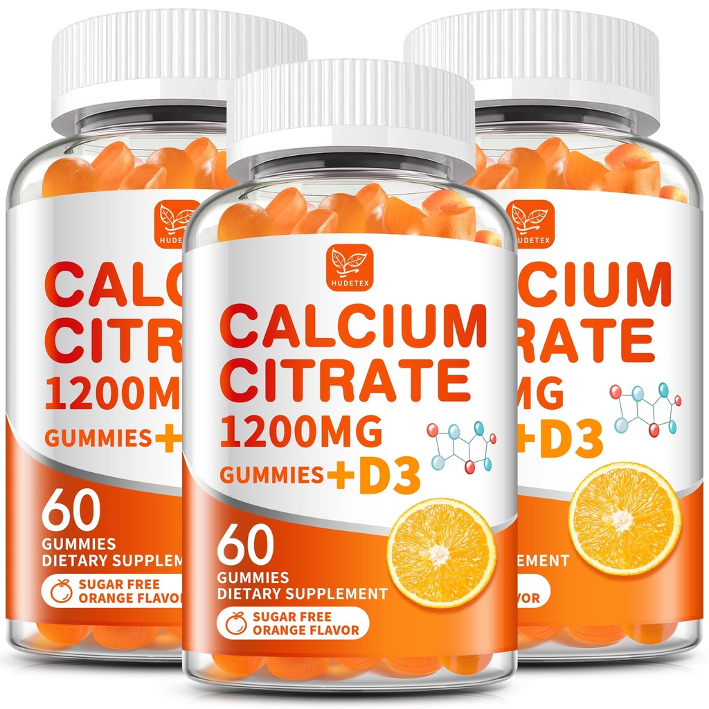 (3 Pack) Calcium Citrate 1200 mg with Vitamin D3 Gummies for Women & Men,Calcium Supplements,High Absorption for Bone Muscle Healthy - Easy to Digest, Sugar Free,Vegan,Orang Flavor,60 Day Supply