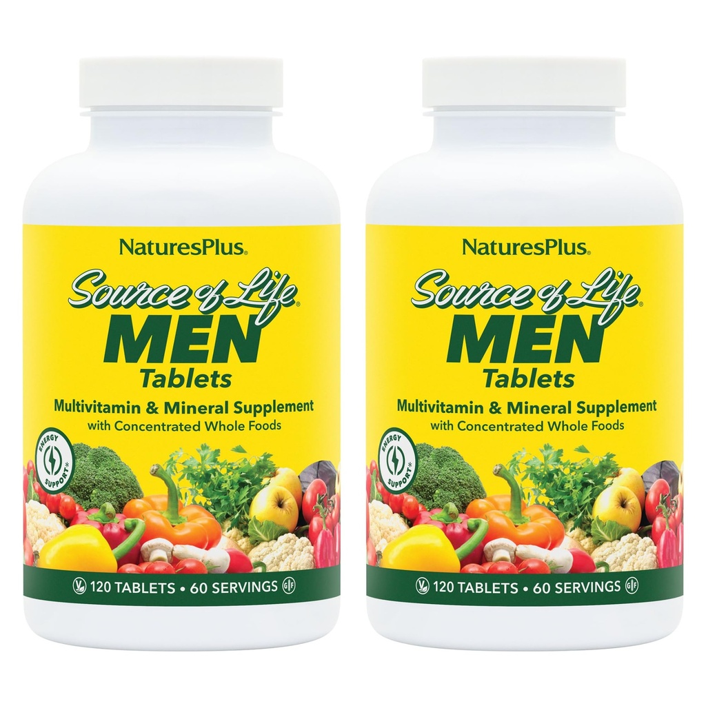 NaturesPlus Source of Life Men - 120 Tablets, Pack of 2 - Iron-Free Multivitamin & Mineral Supplement - with Saw Palmetto, Lycopene & Rhodiola - Gluten Free, Vegetarian - 120 Total Servings