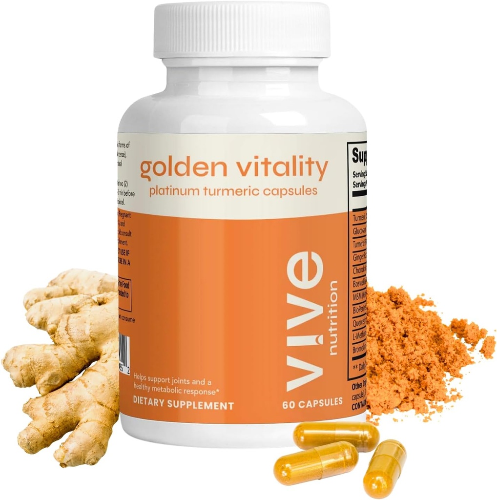 Golden Vitality Turmeric Curcumin Capsules - Platinum Blend with 95% Curcuminoids, Glucosamine, Chondroitin, MSM & BioPerine - Joint & Bone Support - 60 Count, 30 Days Supply