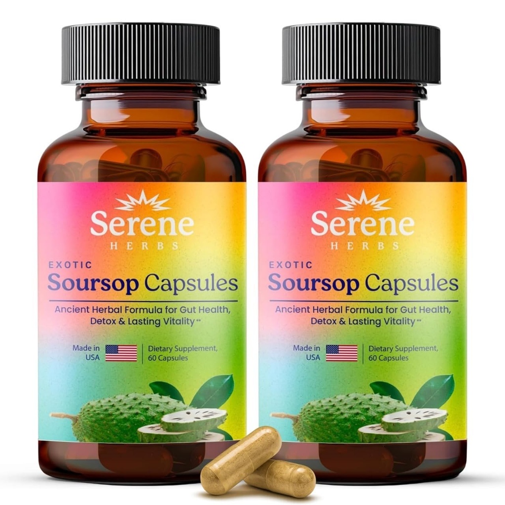 Serene Herbs Graviola Soursop Capsules Organic - Guanabana Extract Pills with Black Seed, Irish Moss & Moringa - 16 Herb Daily Supplements & Digestive Support - Vegan, Non-GMO (60 Count (Pack of 2))
