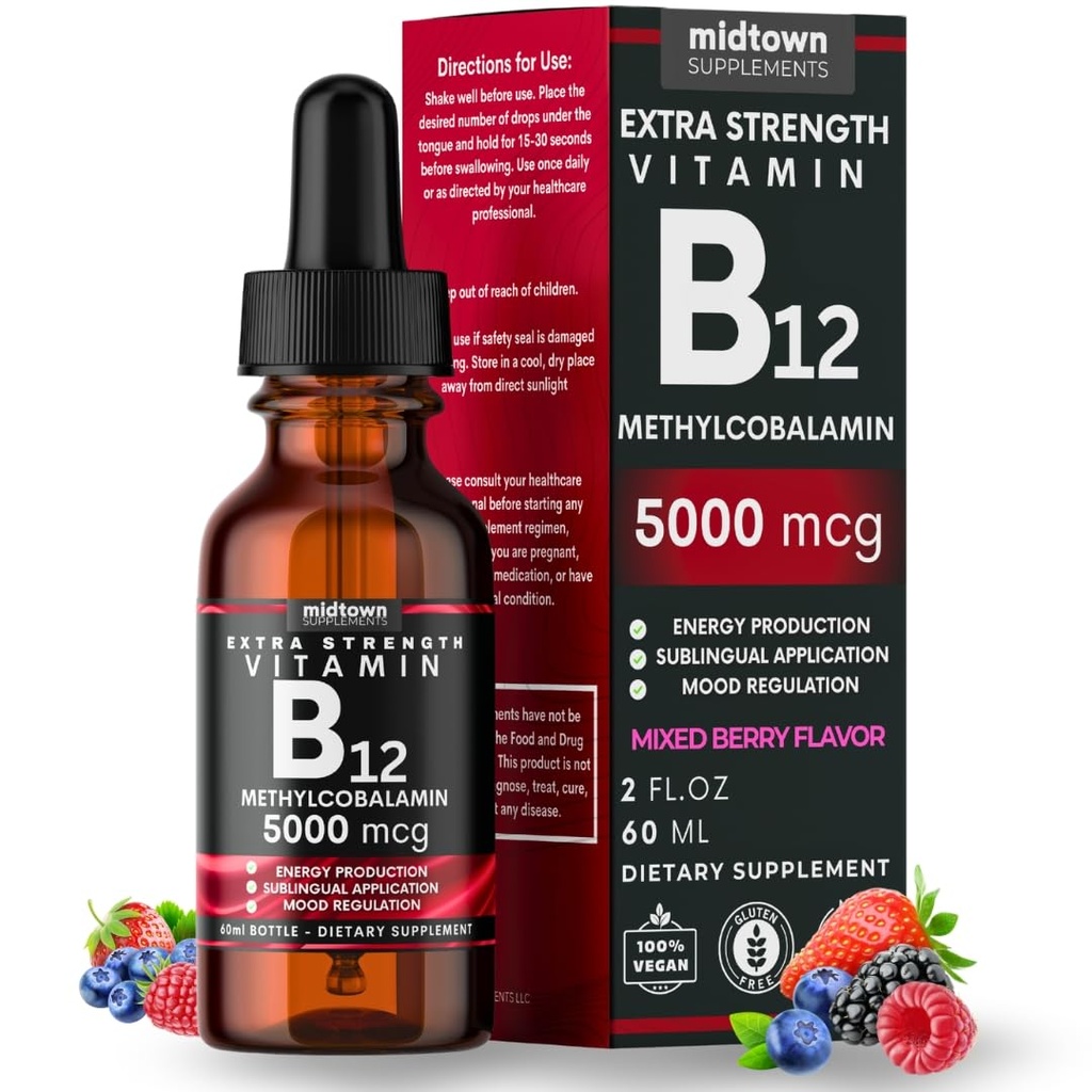 B12 Vitamins 5000 mcg - Sublingual B12 Methylcobalamin Drops - Vitamin B 12 for Women and Men - Mood & Energy Booster Methylated B 12 for Metabolism & Health Support