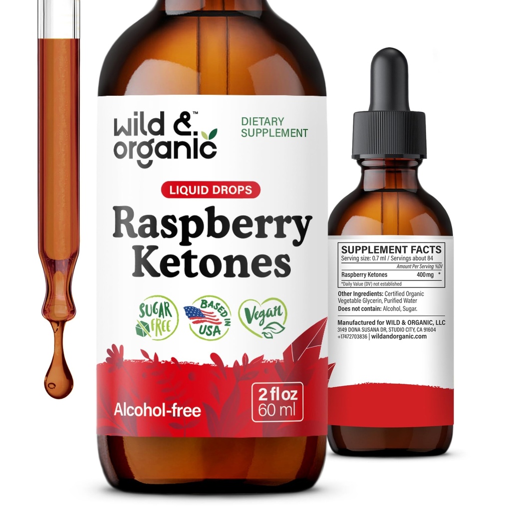 Wild & Organic Raspberry Ketones Extract Tincture - Liquid Raspberry Ketones Supplement - 2-Month Supply - Vegan, Sugar & Alcohol-Free - 2 fl oz