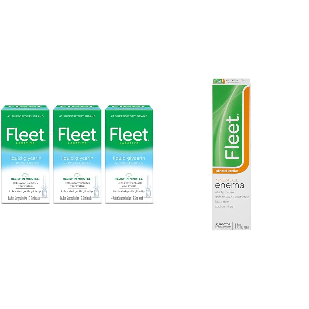 Fleet Liquid Glycerin Suppositories for Adult Constipation, 4 Suppositories, 7.5 ml (Pack of 3) & Mineral Oil Enema, Latex Free - 4.5 fl oz (Packaging May Vary)