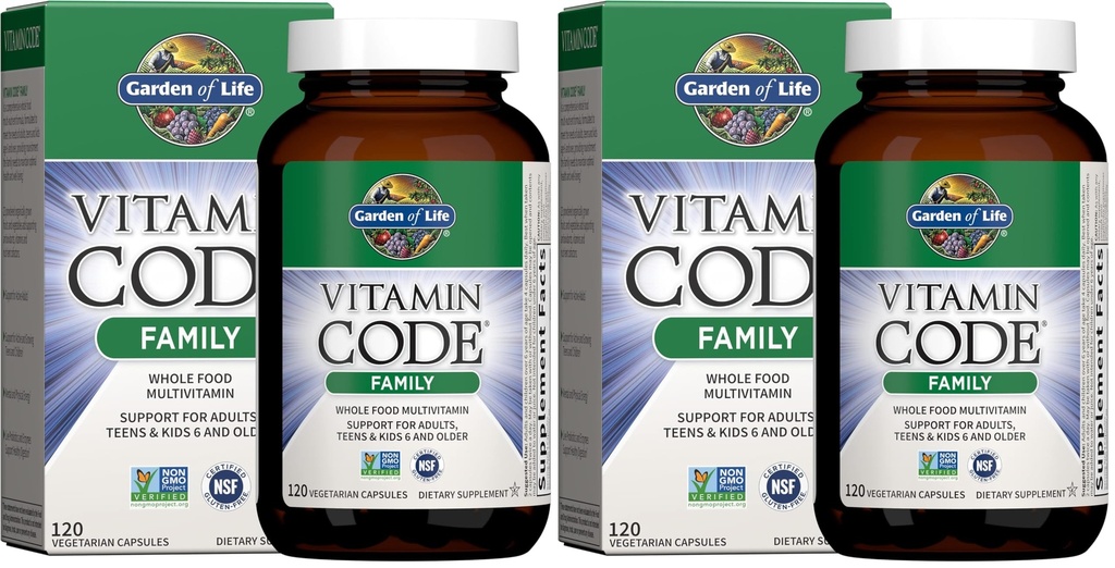 Garden of Life Multivitamin for Women, Men,Kids Age 6 & up, Vitamin Code Family Multi,120 Vegetarian Capsules, Whole Food Vitamins, Food Blend & Probiotics, Gluten Free Dietary Supplements (Pack of 2)