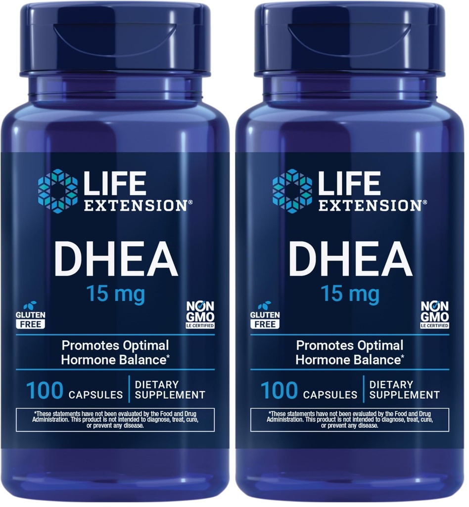 Life Extension DHEA 15 mg – Hormone Balance Supplement,Memory,Muscle Mass and Bone Density Support,Healthy Sex Drive,Gluten-Free,Non-GMO,100 Capsules,(Pack of 2)