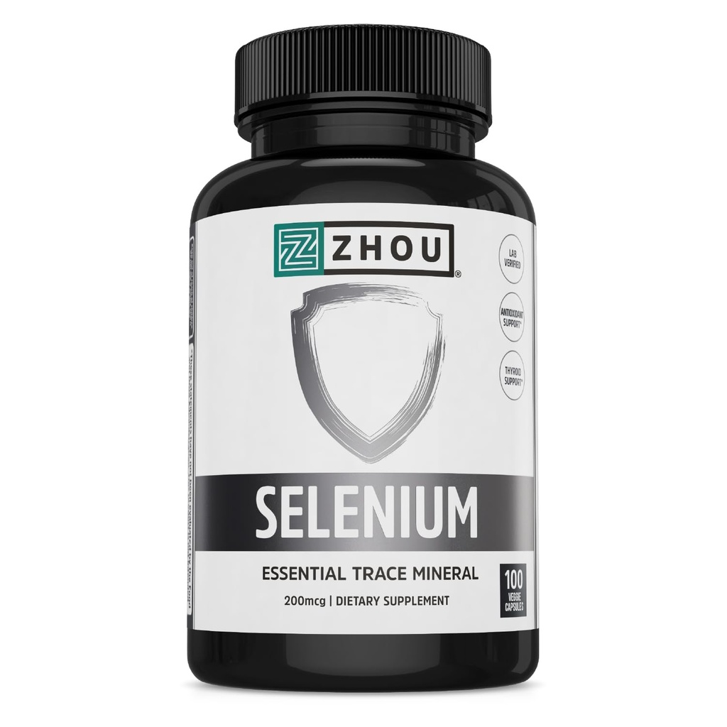Zhou Selenium - Selenium 200mcg Capsules, Mineral Supplements for Women and Men, Antioxidant, Thyroid, and Cellular Support, Vegan, Pure - 100 Veggie Capsules