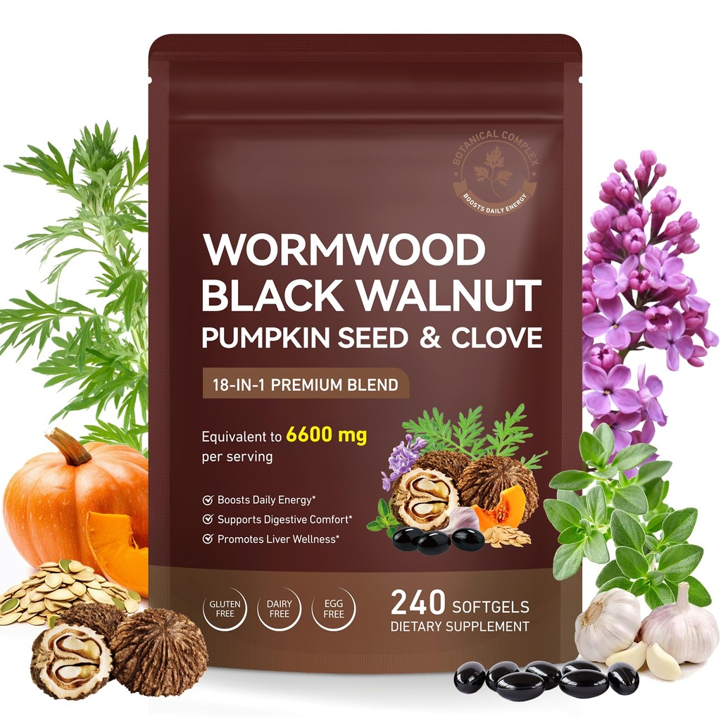 Wormwood Black Walnut Clove Cleanse For Humans Elimination, 18-in-1 Potent Herbal Complex with Wormwood, Black Walnut, Clove, Garlic, Oregano, Pumpkin Seed Extract, Liposal Delivery|240 Softgels