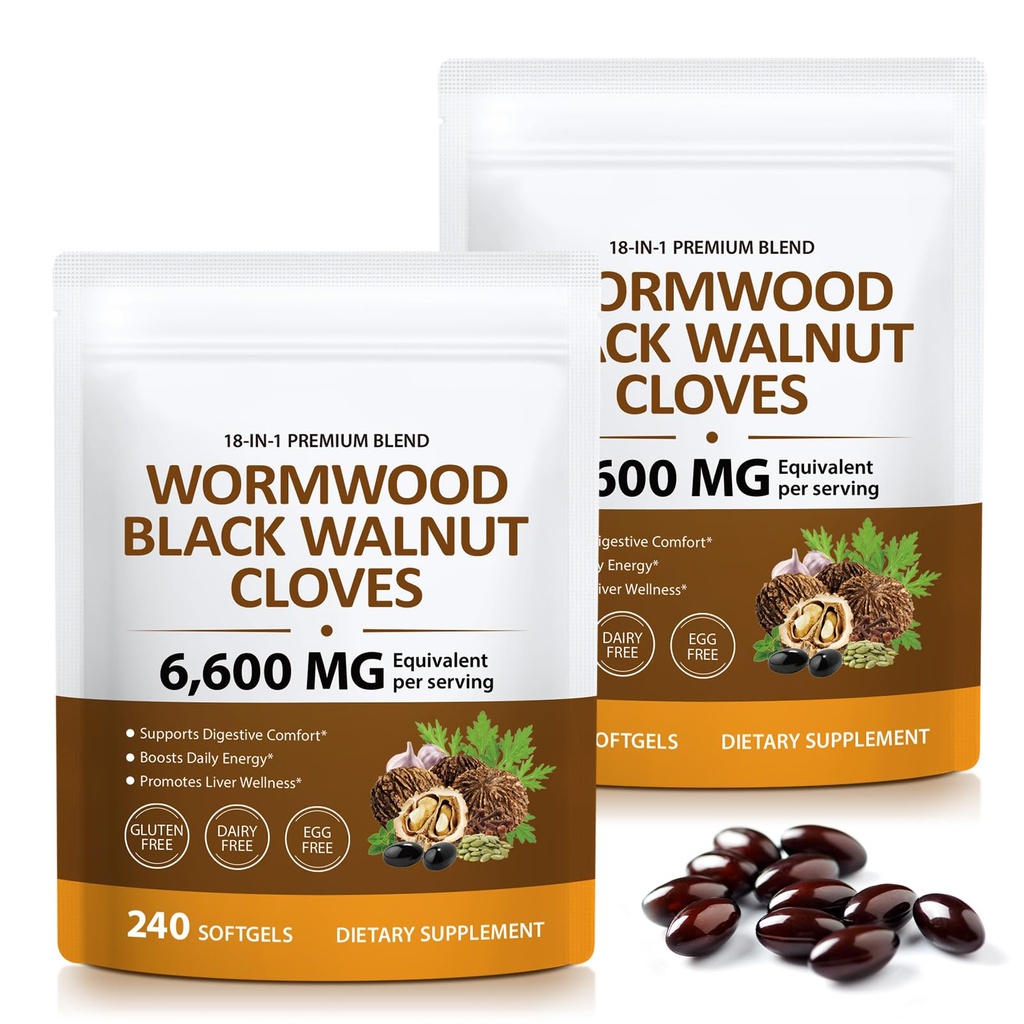 18-in-1 Wormwood Black Walnut Clove Herbal Softgels, Rapid Gut Cleanse & Digestive Health with Black Walnut Hull, Wormwood, Clove, Garlic, Oregano, Pumpkin Seed, Easy-to-Swallow -2Pack