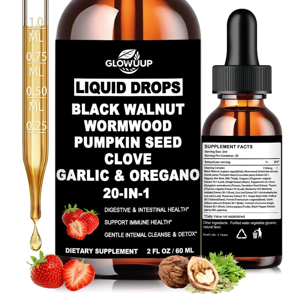 Wormwood Black Walnut Clove Cleanse for Humans Drops, Organic 20-in-1 Herbal Supplement w. Pumpkin Seeds Garlic Oregano Turmeric for Gut Cleanse & Digestive Detox, Max Absorption Than Capusles丨Vegan