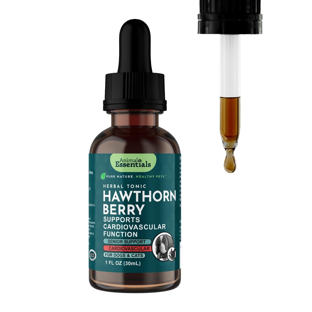 Animal Essentials Hawthorn Berry Supplement for Dogs & Cats - Heart Health Support, Herbal Tincture for Pets, Natural Liquid Extract for Circulation & Cardiovascular Support, Organic Hawthorn- 1 fl oz