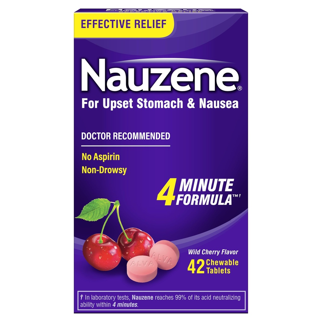 Nauzene Non-drowsy Upset Stomach & Nausea Relief Chewable Tablets - Fast-Acting Relief in 4 Minutes - Doctor Recommended - Wild Cherry Flavor, 42 ct