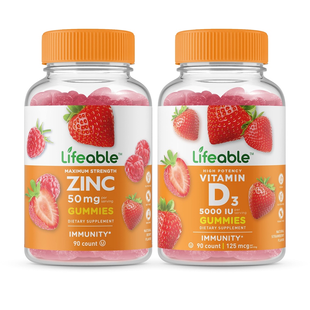 Lifeable Zinc 50mg + Vitamin D 5000 IU, Gummies Bundle - Great Tasting, Vitamin Supplement, Gluten Free, GMO Free, Chewable Gummy