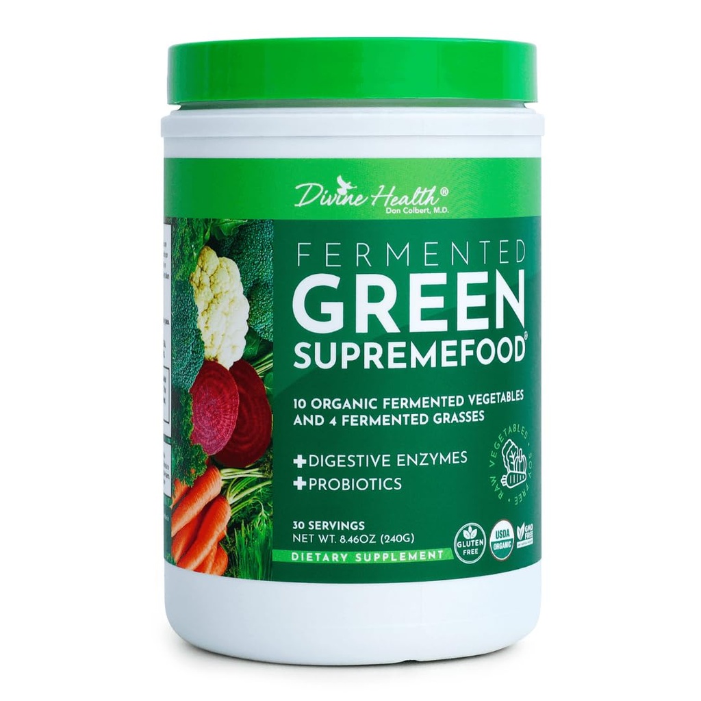 Dr. Colbert, MD Fermented Green Supremefood | by Divine Health | 14 USDA Organic & Fermented Vegetables and Grasses | Probiotics | Enzymes | Apple Cinnamon Flavor | 30 Servings | 240g