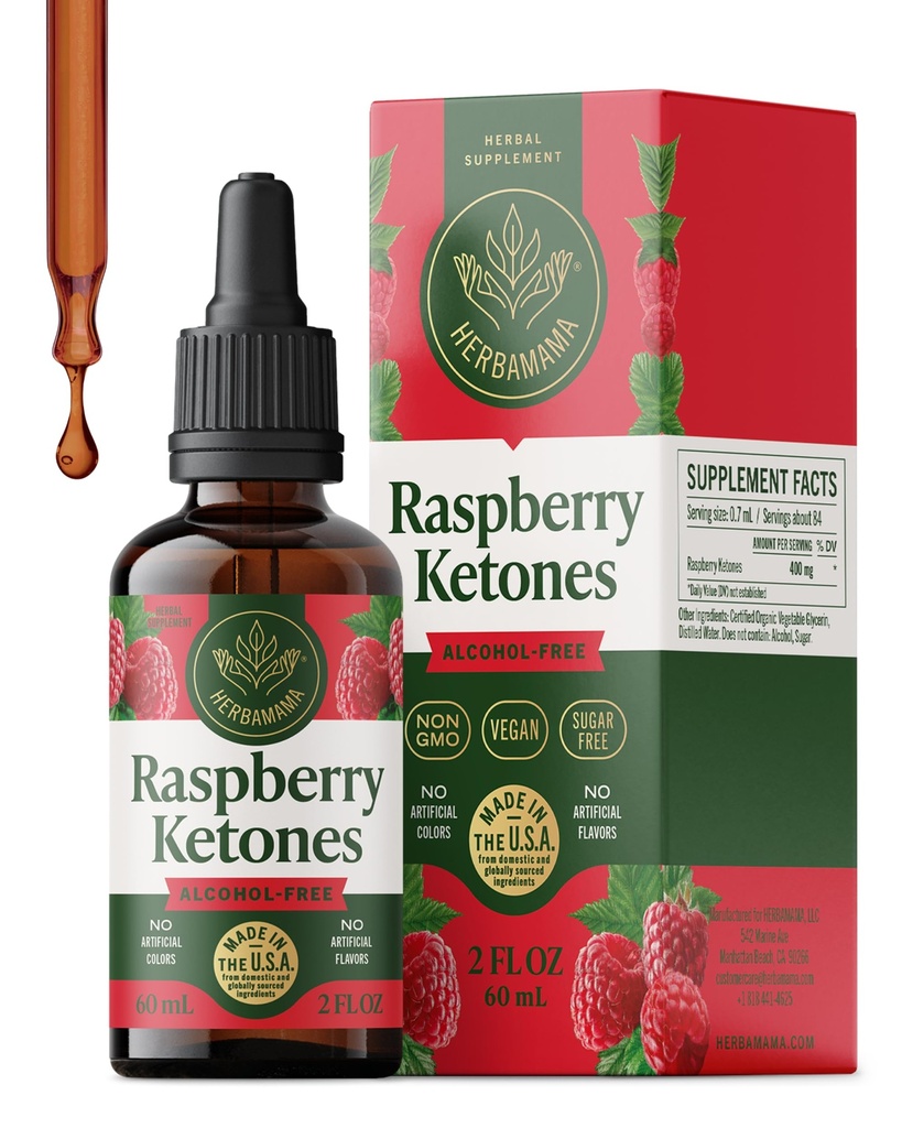 HERBAMAMA Raspberry Ketones Liquid Supplement - Metabolism Support & Weight Management - Appetite Control and Craving Relief Support* - Vegan, Non-GMO, Alcohol & Sugar-Free, 84-Day Supply