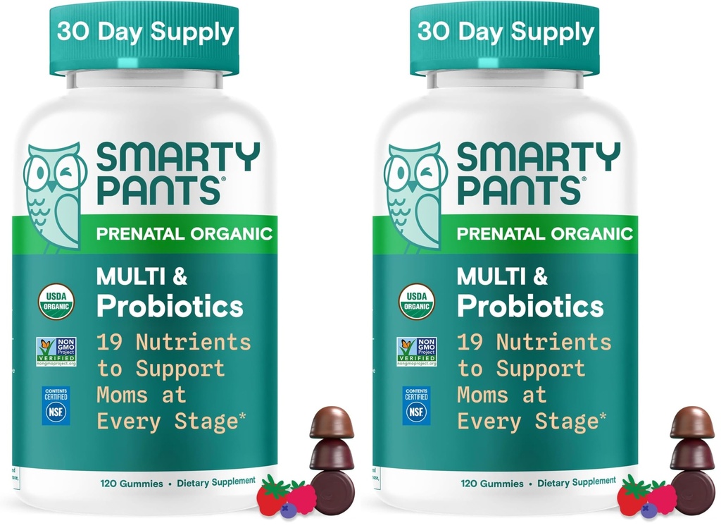 SmartyPants Organic Prenatal Vitamins for Women, Multivitamin: Probiotics, Biotin, Methylfolate, Omega3(ALA), VitaminD3,C, VitaminB12, B6, A, K2 & Zinc,Choline, (30 Day Supply), 120 Count (Pack of 2)
