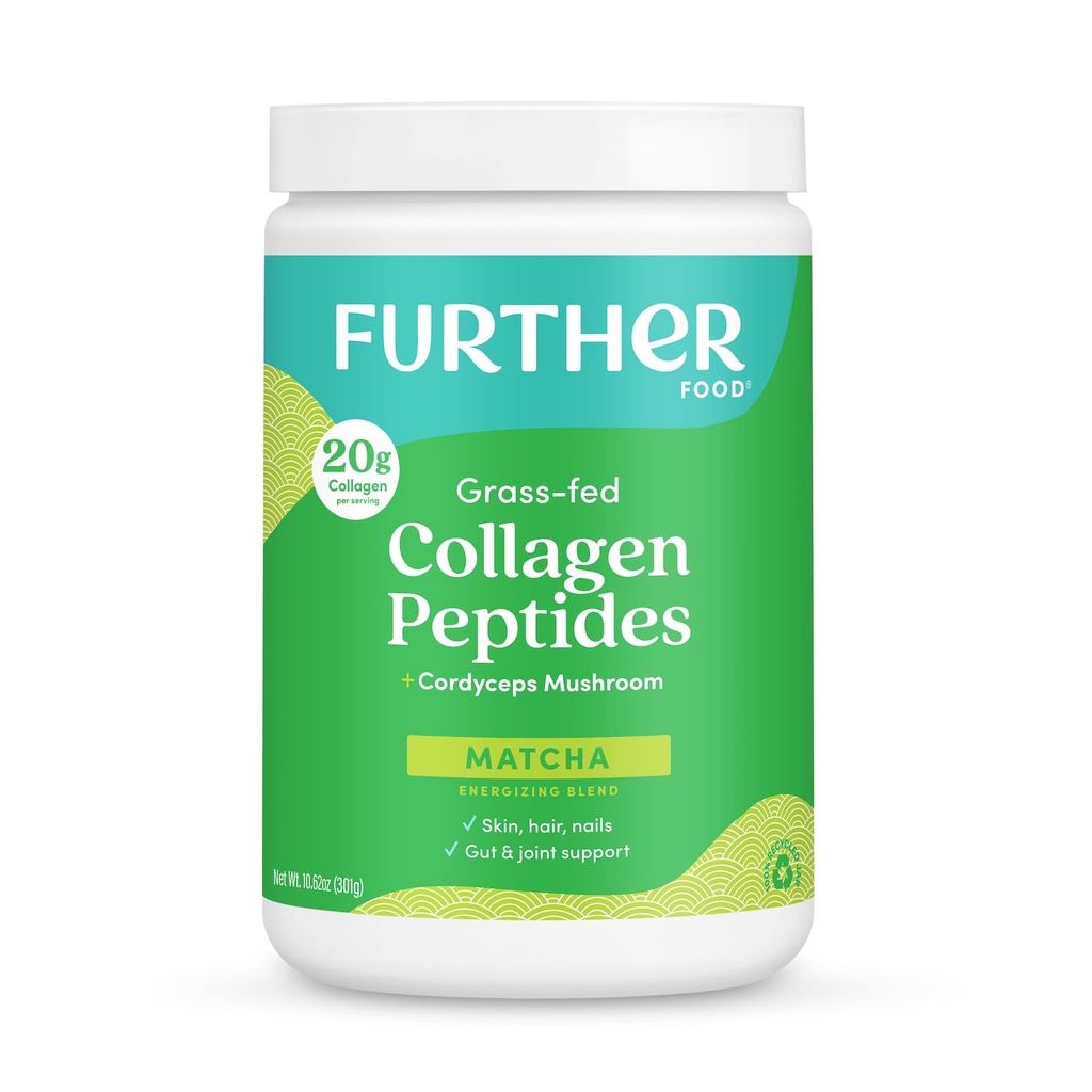 Further Food Matcha Collagen Peptides Powder with Cordyceps Mushroom – 100% Grass-Fed, Hydrolyzed Type 1 & 3, 20g of Collagen per Serving, Supports Energy, Skin, Hair & Joints, 10.62 Oz