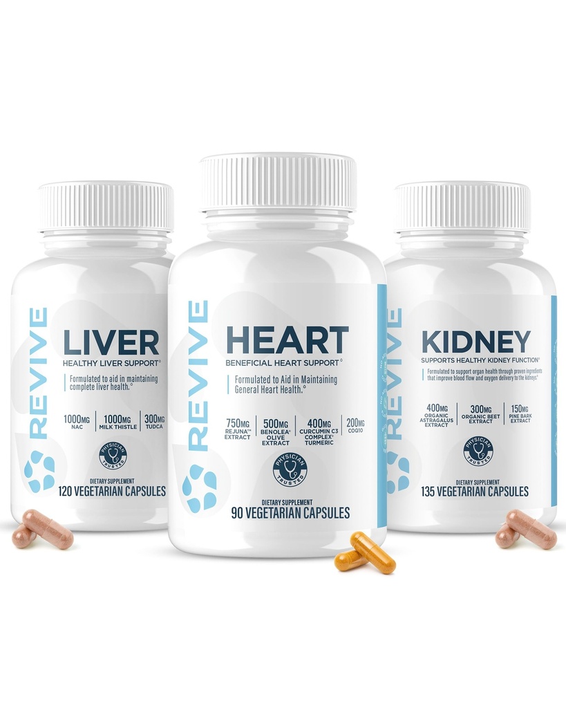 Revive MD Supplement Bundle for Heart, Kidney & Liver Health – Daily Organ Support with Natural Ingredients – Vegan, Gluten-Free & Soy-Free Supplements for Men & Women – 45 Servings + 30 Servings (x2)