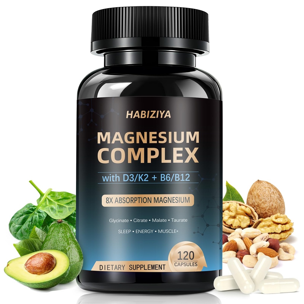 Magnesium Complex Supplement 600mg with with D3 K2 MK7 & B Vitamins High Absorption Capsules with Glycinate, Citrate & Malate,Taurate Relaxation,Muscle,Heart Support, Vegan 120 Capsules