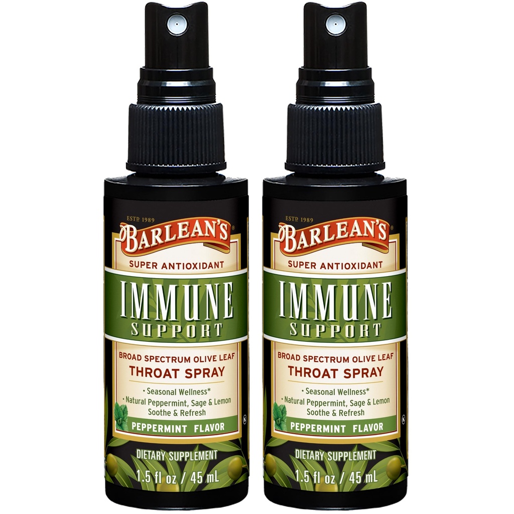Barlean's Peppermint Lemon Olive Leaf Extract Throat Spray, 1.5oz, 2pk | Immune support spray, itchy throat relief, sage, peppermint lemon, olive leaf extract liquid, oleuropein antioxidant, 2 pack