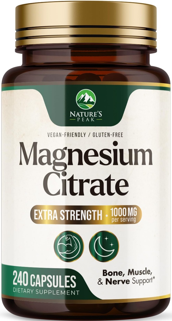 Magnesium Citrate Capsules - Max Absorption Magnesium Powder - Muscle, Bone, Nerve & Heart Health Support - Premium Formula is Powerful & Gentle for Women & Men - Bottled in USA - 240 Capsules