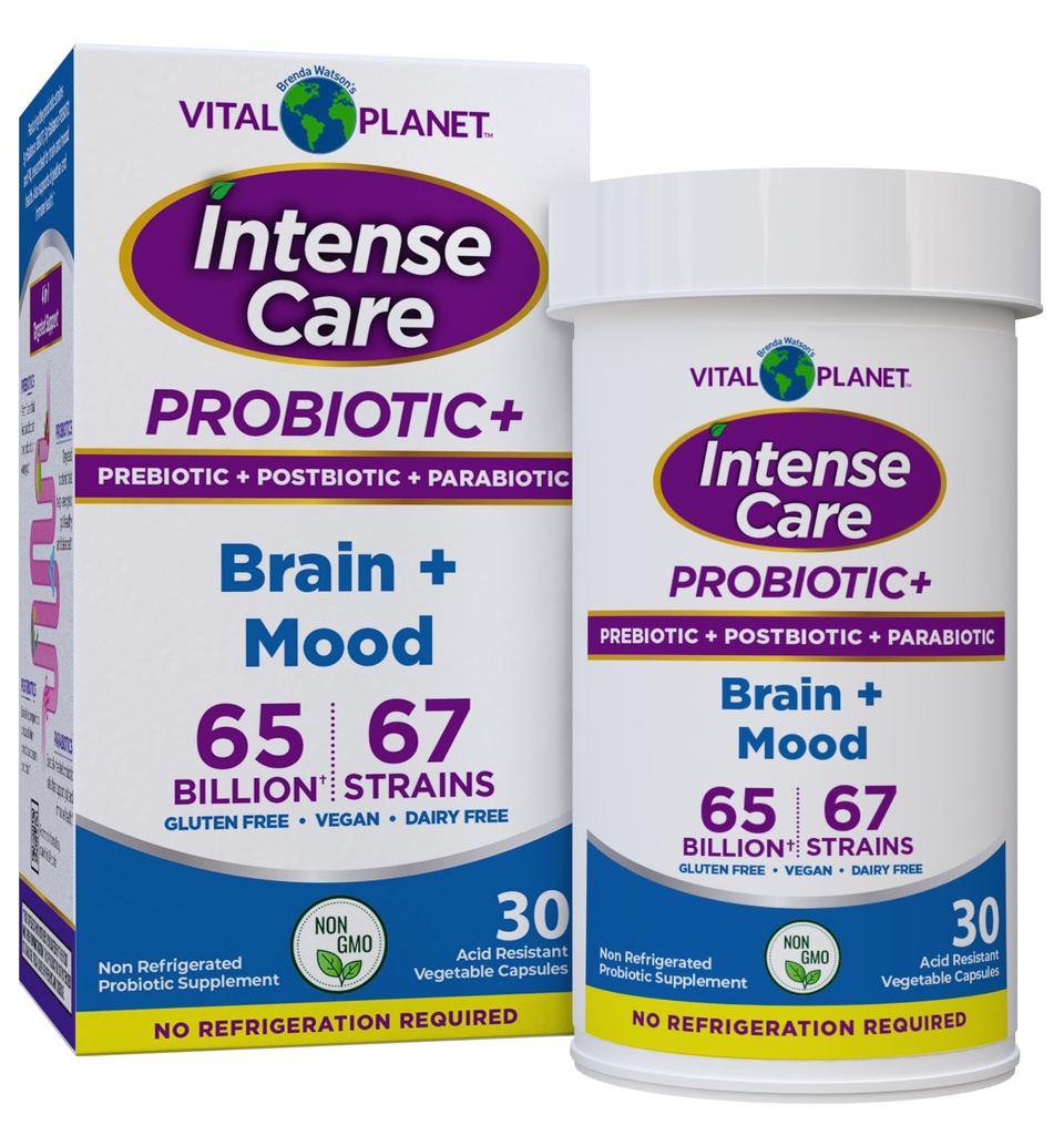 Vital Planet - Intense Care Brain & Mood Probiotics, Organic Prebiotics, Postbiotics, Parabiotics, Complete 4-in-1 Health Supplement for Adults, 65 Billion CFU, 67 Strains, Digestive and Immune 30 ct