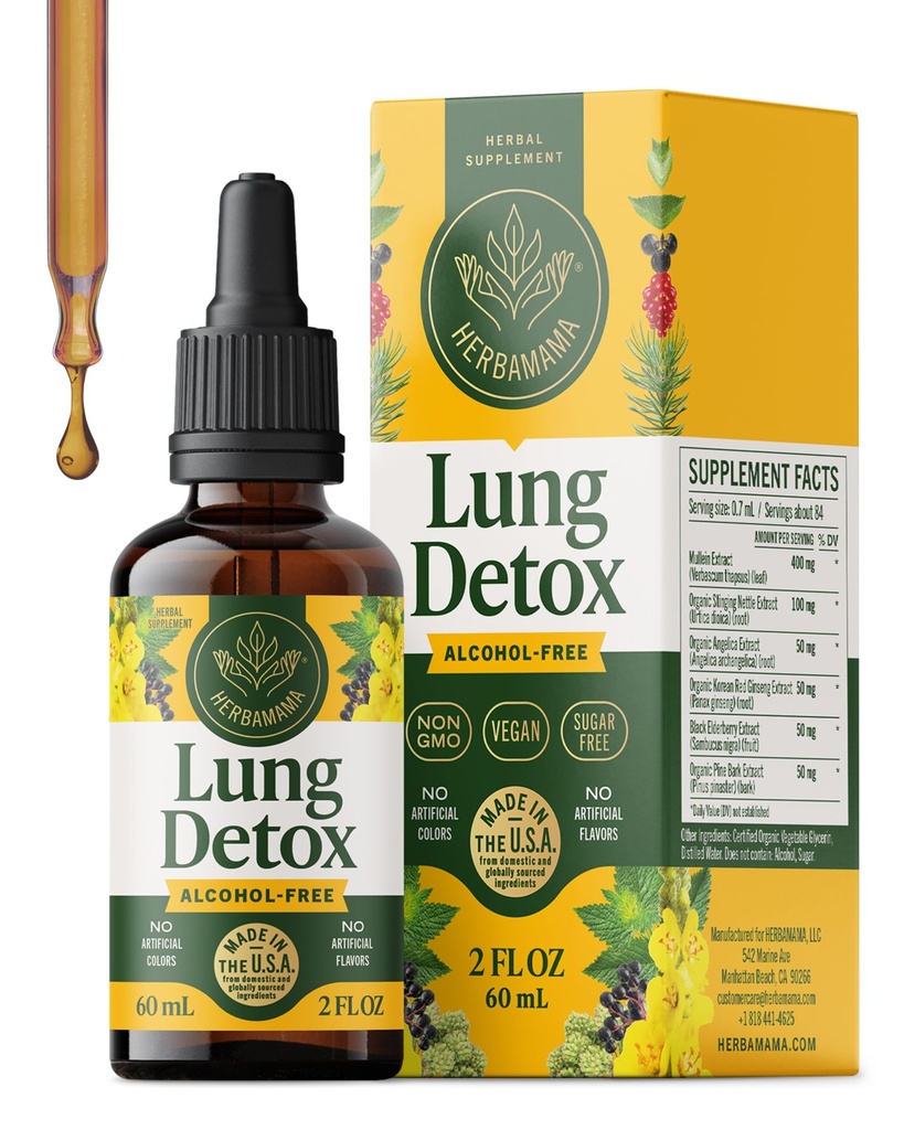 HERBAMAMA Herbal Lung Cleanse Drops with Mullein Leaf - Respiratory Lung Support Supplement with Stinging Nettle & Korean Red Ginseng Extract - Non-GMO, Alcohol & Sugar-Free Tincture, 28-Day Supply