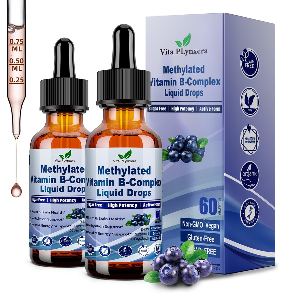 2 Pack Methylated B Complex Liquid Drops Complete 9-in-1 Methyl B Vitamins w. B12 Methylfolate Inositol Choline TMG Vitamin C E, Super B-Complex Methylated for MTHFR Support, Energy Mood Nerve Health1