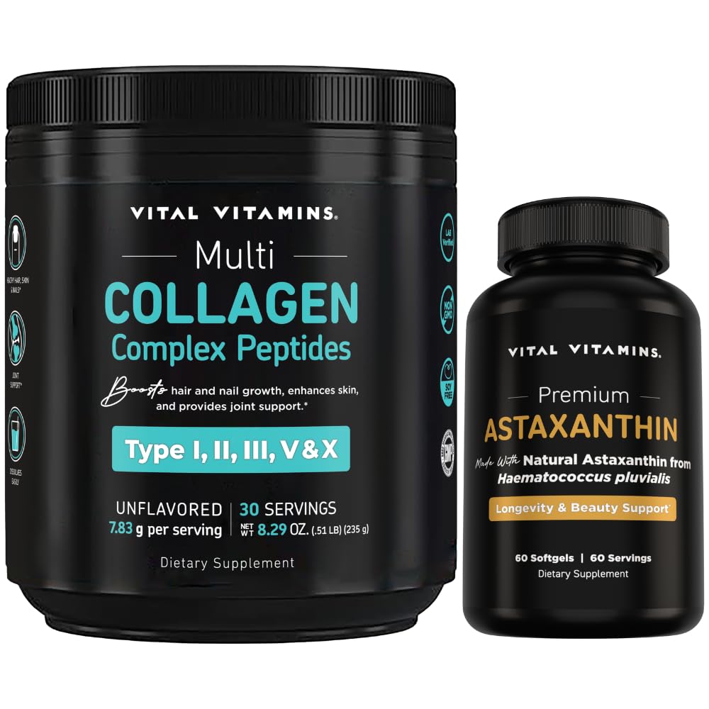 Vital Vitamins Multi-Collagen Powder 30 Servings + Astaxanthin 60 ct
