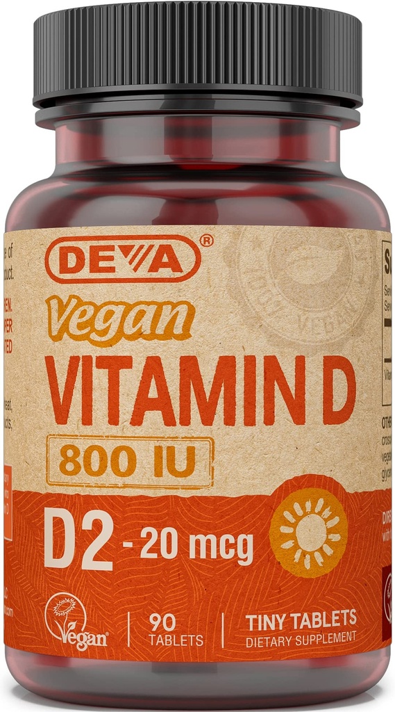 DEVA Vegan Vitamin D2 800 IU, Ergocalciferol Supplement with No Animal Ingredients, 90 Tablets (Pack of 2)