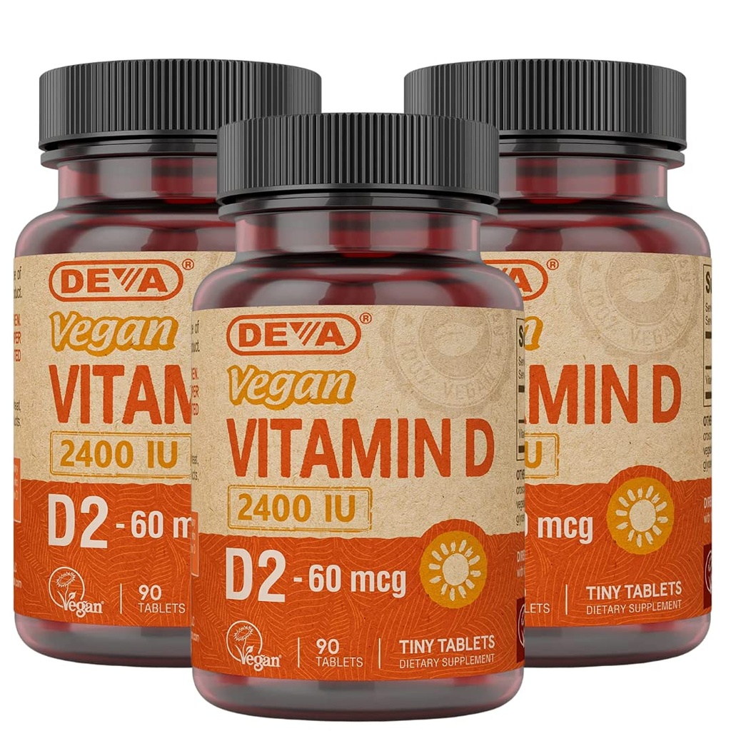 DEVA Vegan Vitamin D2 60 mcg 2400 IU, Ergocalciferol Supplement with No Animal Ingredients, 90 Tablets (Pack of 3)