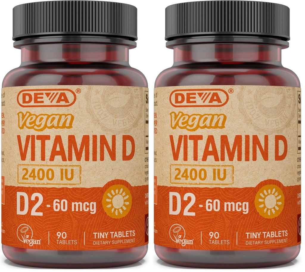 DEVA Vegan Vitamin D2 60 mcg 2400 IU, Ergocalciferol Supplement with No Animal Ingredients, 90 Tablets, 2-Pack