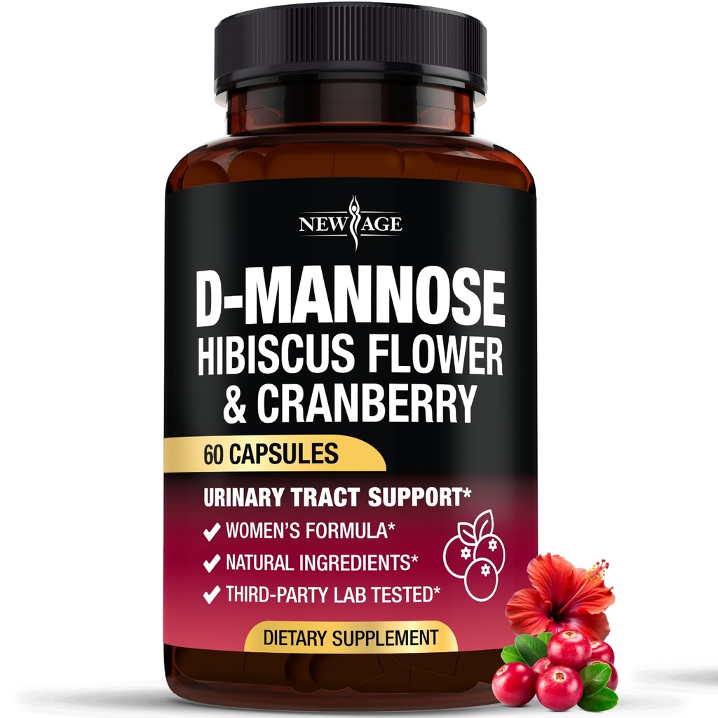NEW AGE D-Mannose with Cranberry & Hibiscus - High Strength for Urinary Tract Health - Supplement for Women - Bladder, Liver & Microflora Support - Made in USA - Vegan, 60 Capsules