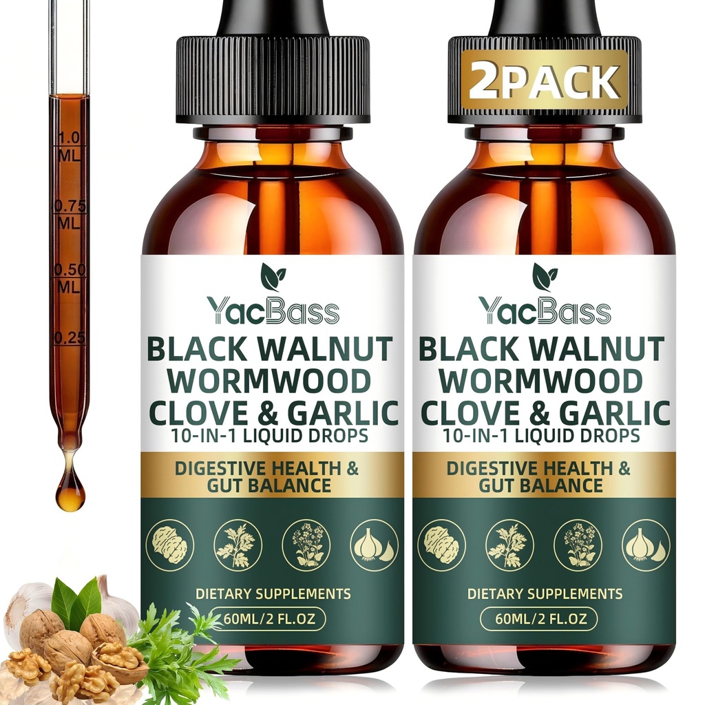 2 Pack Liposomal Black Walnut Wormwood Drops 10-in-1 Wormwood Black Walnut Clove Formula Garlic Pumpkin Seeds, Soursop Herbal Tincture for Gut Cleanse & Digestive Health Vegan 60 Days Supply