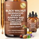25-in-1 Liposomal Black Walnut Wormwood Tincture Cleanse for Humans – 6660mg Liquid Drops with Clove, Garlic, Pumpkin Seed, Oregano, Purple Daisy, Burdock Root – Lymphatic Drainage Support,6 Fl Oz