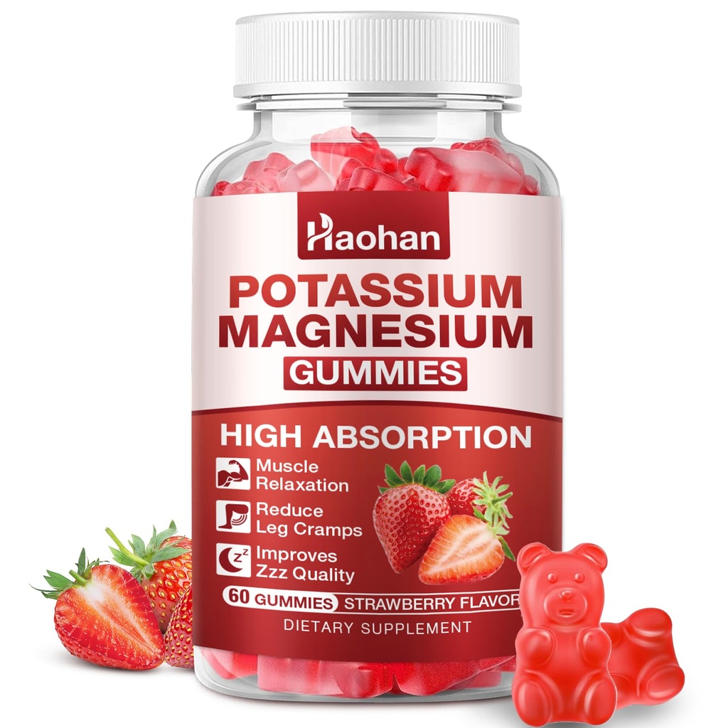 Potassium Magnesium Gummies with Electrolytes & Vitamins - Magnesium Glycinate, Potassium Citrate, Calcium, Vitamins B6, D3 & K2 for Muscle Function & Recovery - Vegan, Strawberry, 60 Count