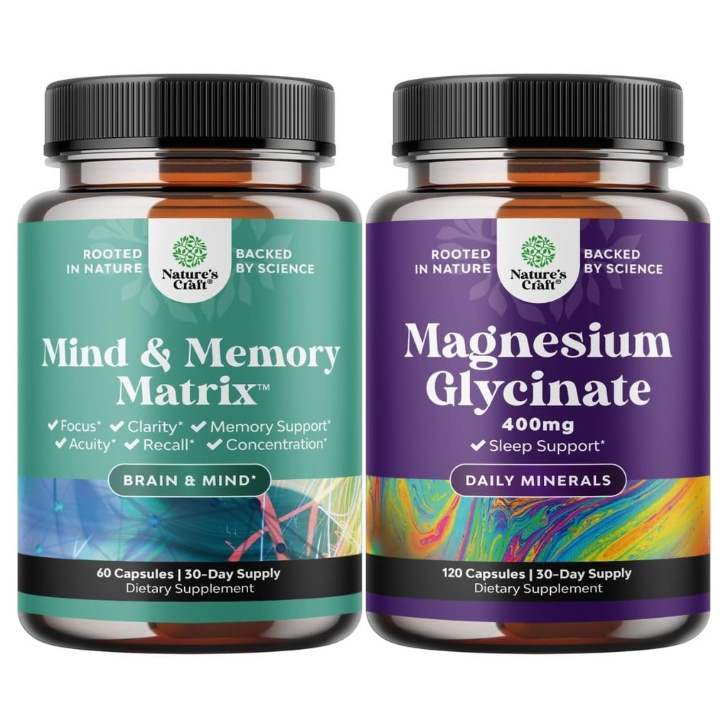 Bundle of Advanced Brain Supplement for Memory and Focus and Magnesium Glycinate Capsules for Adults - Memory Supplement for Brain Fog Clarity Energy and Recall - Sleep Support Immunity & Bone Health