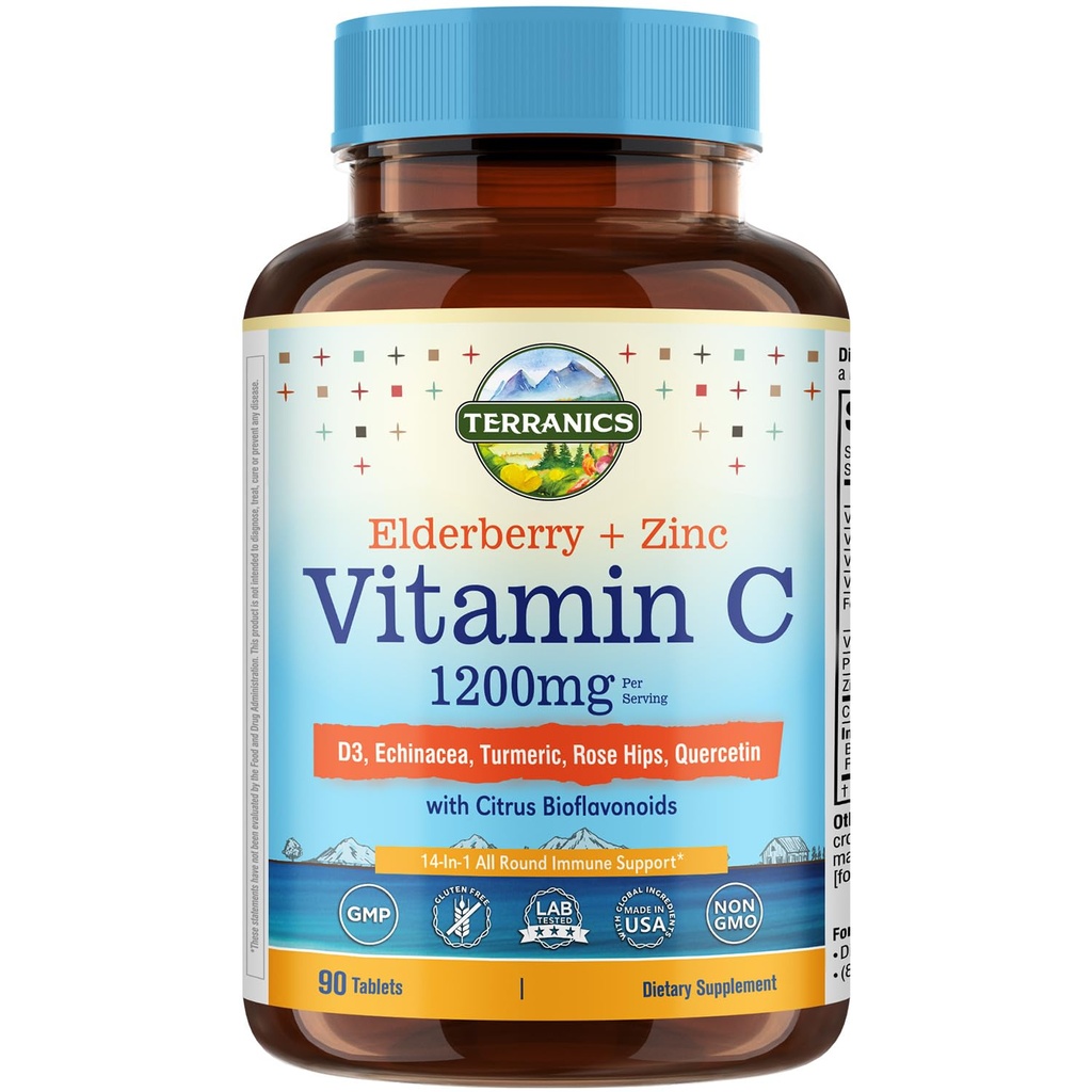Terranics Vitamin C Elderberry Zinc, with Vitamin D3, A, B6, B12, Folate, Rose Hips, Citrus Bioflavonoids, Turmeric, Echinacea, 14-in-1 Daily Immune Support, 90 Tablets