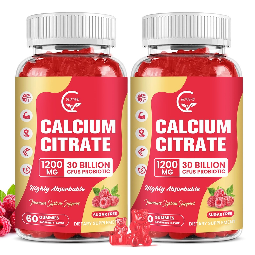 (2 Pack) Sugar Free Calcium Citrate Gummies 1200 mg with Vitamin d3, K2, Magnesium, Zinc for Bone, Muscle & Immune Support, High Absorption Calcium Supplement for Women, Raspberry Flavor, 60 Chews