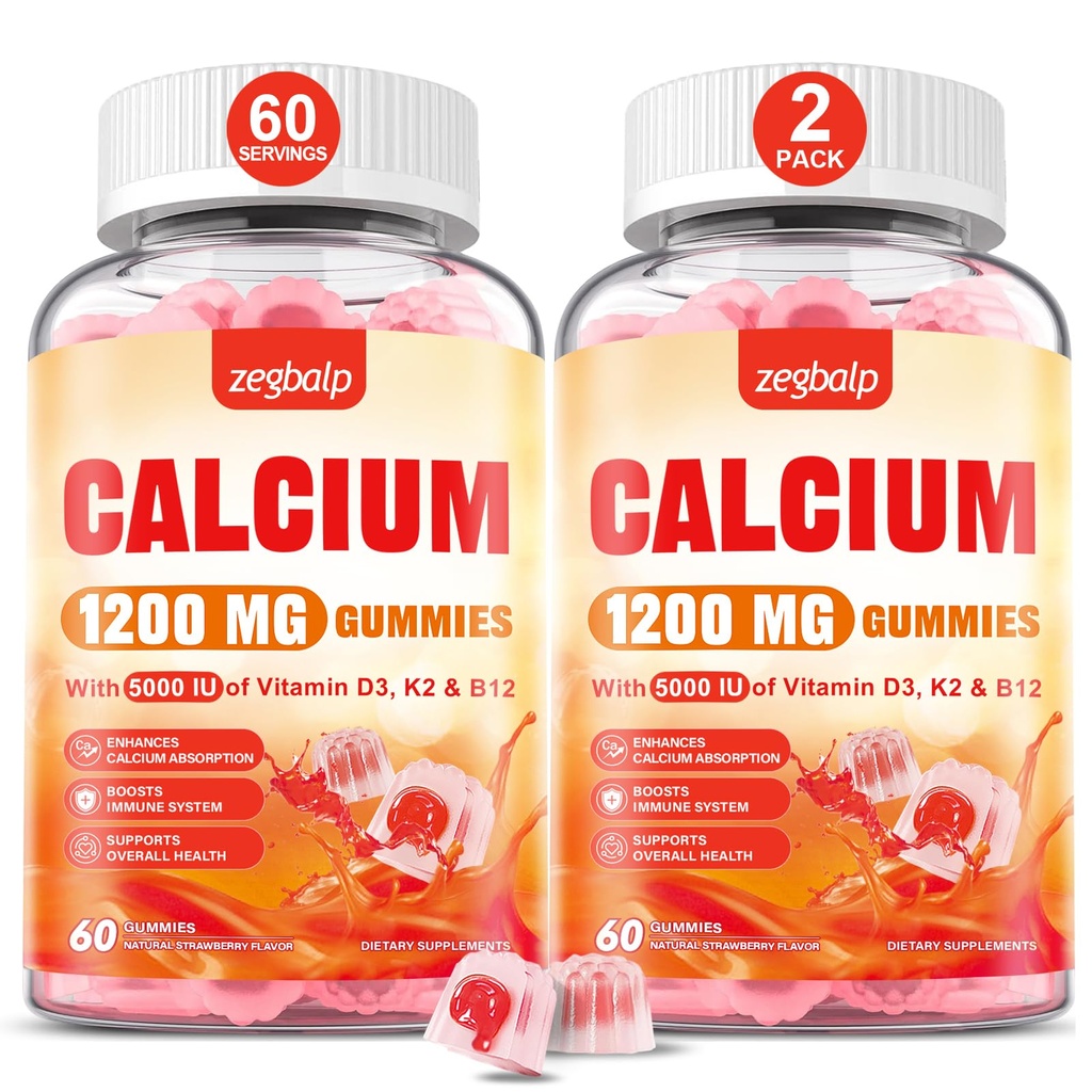 Calcium 1200 mg with Vitamin D3 Supplement for Adults - Calcium Gummies with Vitamin D3 5000IU, K2, B12 for Women Men - Extra Absorption Calcium Citrate - Natural Strawberry Flavor, 120 Gummies