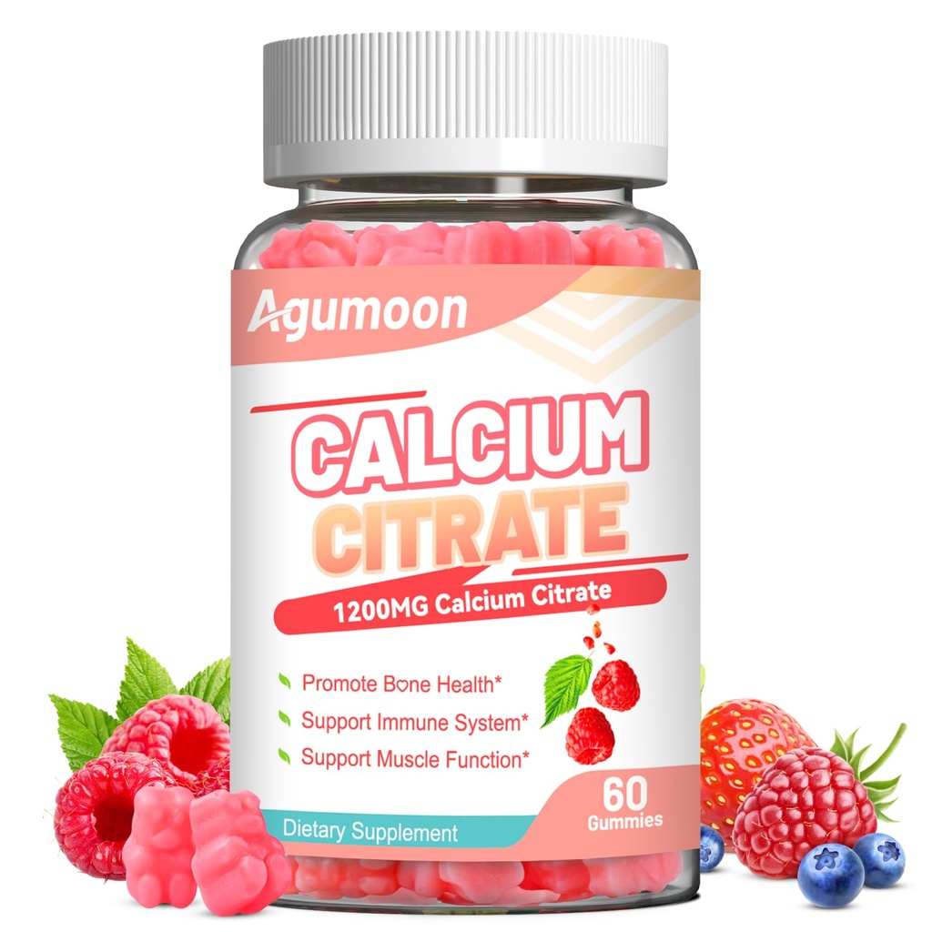 Calcium Citrate Gummies 1200mg, Chewable Calcium Supplement for Women & Men, Ultimate Absorption Calcium Gummies for Muscle & Immune Support, Sugar Free, Raspberry Flavor, 60 Count