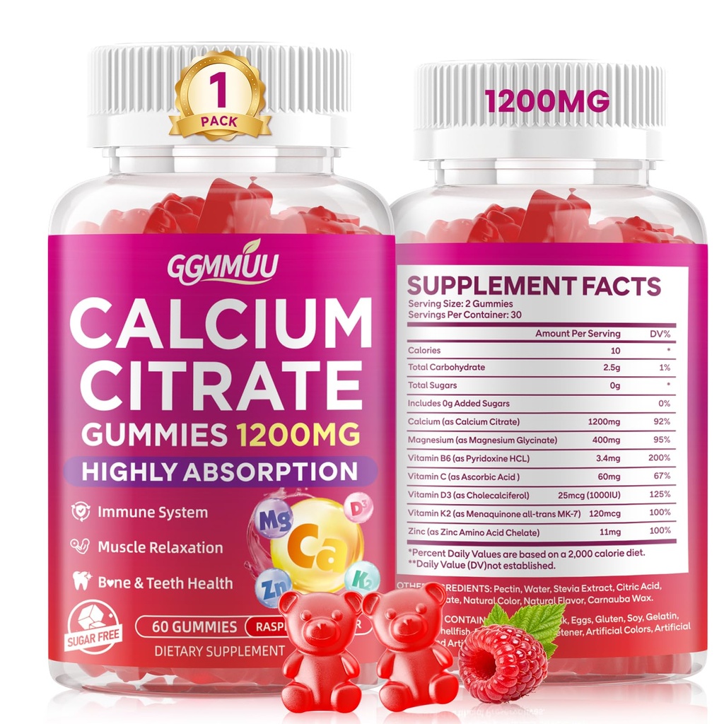 Calcium Citrate Gummies 1200mg, High Absorption Calcium Supplements for Women & Men, Sugar Free Calcium Gummies for B0ne, Muscle & Immune Support, Non-GMO, Vegan, Raspberry Flavor, 60 Count