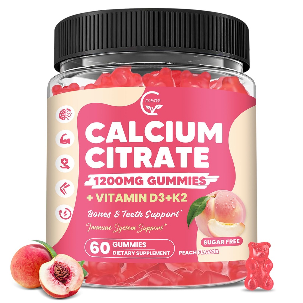 Calcium Citrate Gummies 1200 mg with Vitamin D3, K2 for Bone, Muscle & Immune Support, High Absorption Chewable Calcium Supplements for Women & Men, Sugar Free, Vegan, Peach Flavor, 60 Chews
