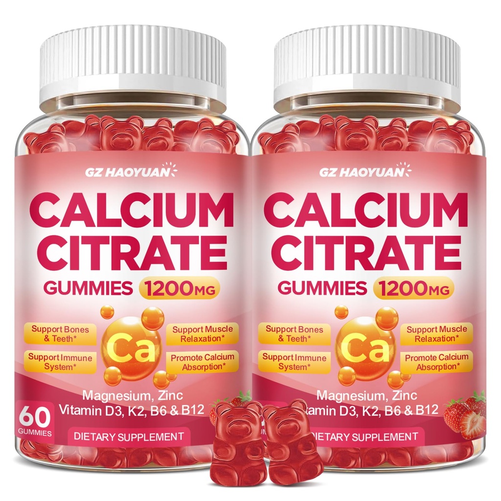 Calcium Citrate Gummies - 1200mg Calcium Gummies Supplements for Women & Men with Vitamin D3, K2, Magnesium, Zinc High Absorption for Bone, Muscle & Immune Support, Strawberry Flavor, 120 Count