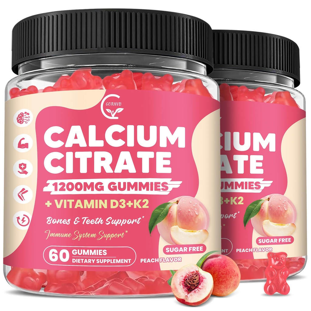 (2 Pack) Calcium Citrate Gummies 1200 mg with Vitamin D3, K2 for Bone, Muscle & Immune Support, High Absorption Chewable Calcium Supplements for Women & Men, Sugar Free, Vegan, Peach Flavor, 60 Chews